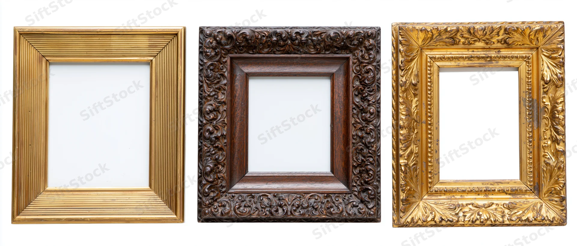 Three antique ornate picture frames arranged side by side on white background