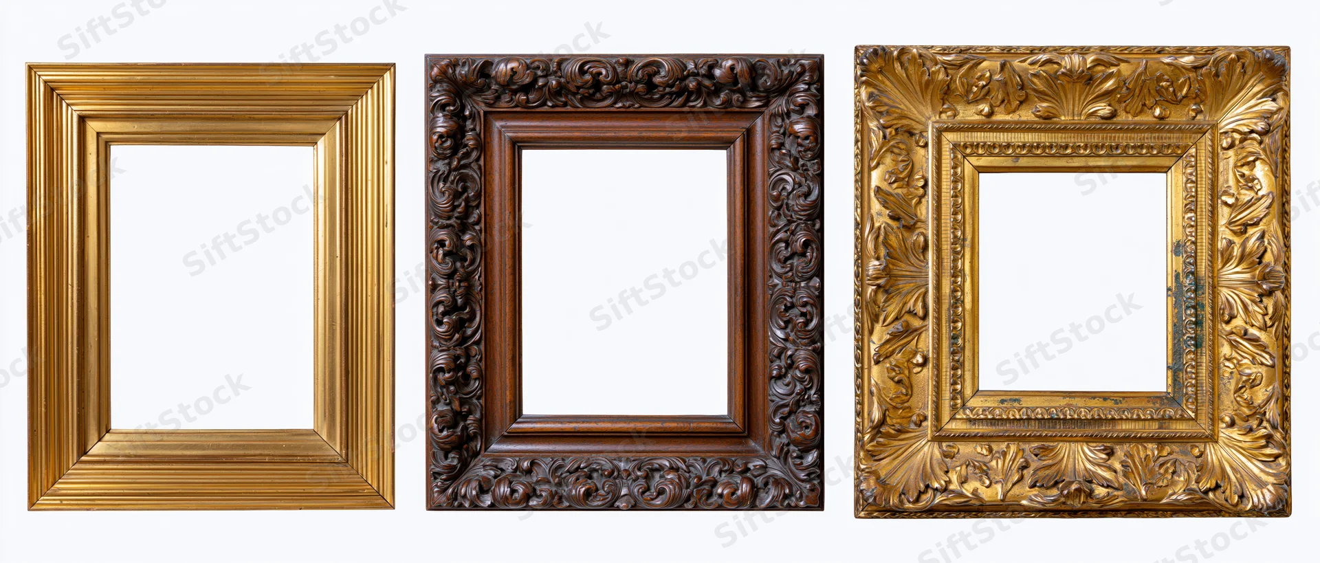 Three antique ornate picture frames arranged side by side on white background