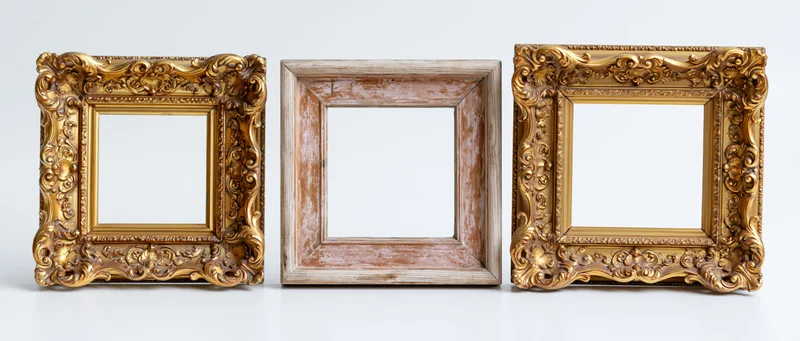 Three antique picture frames arranged side by side on a white surface