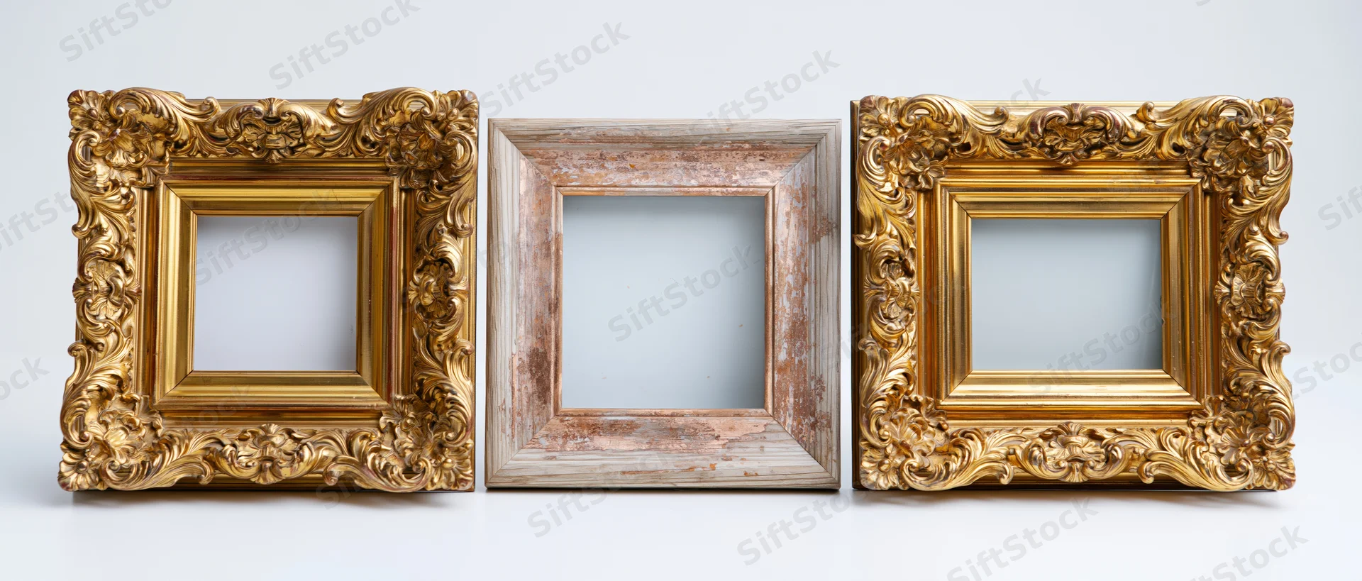 Three antique picture frames arranged side by side against a white background