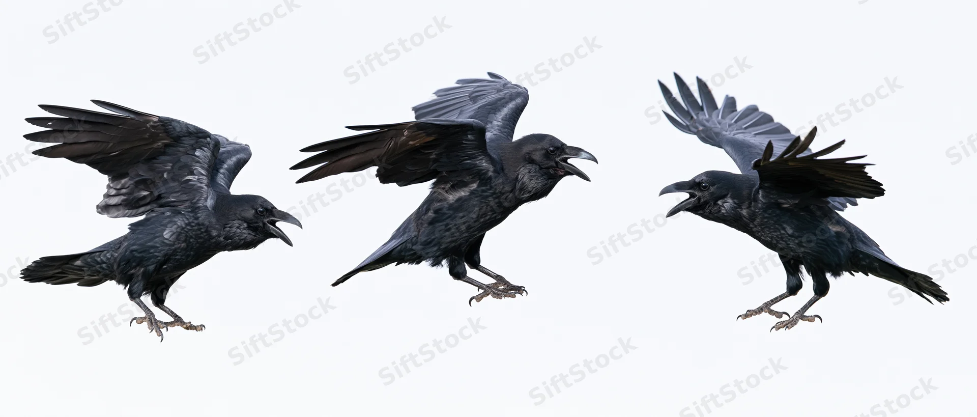 Three ravens in mid-flight with wings spread against a white background