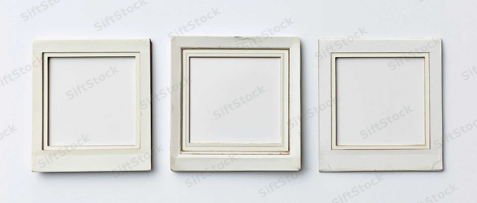 Three blank instant film photo frames arranged side by side on white surface