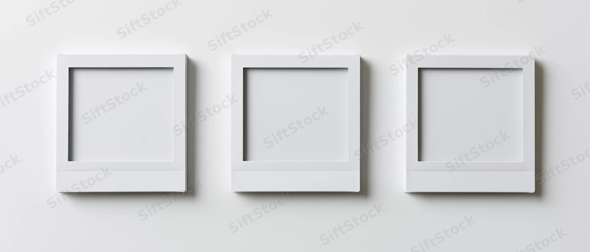 Three blank instant photo prints arranged side by side on a white wall