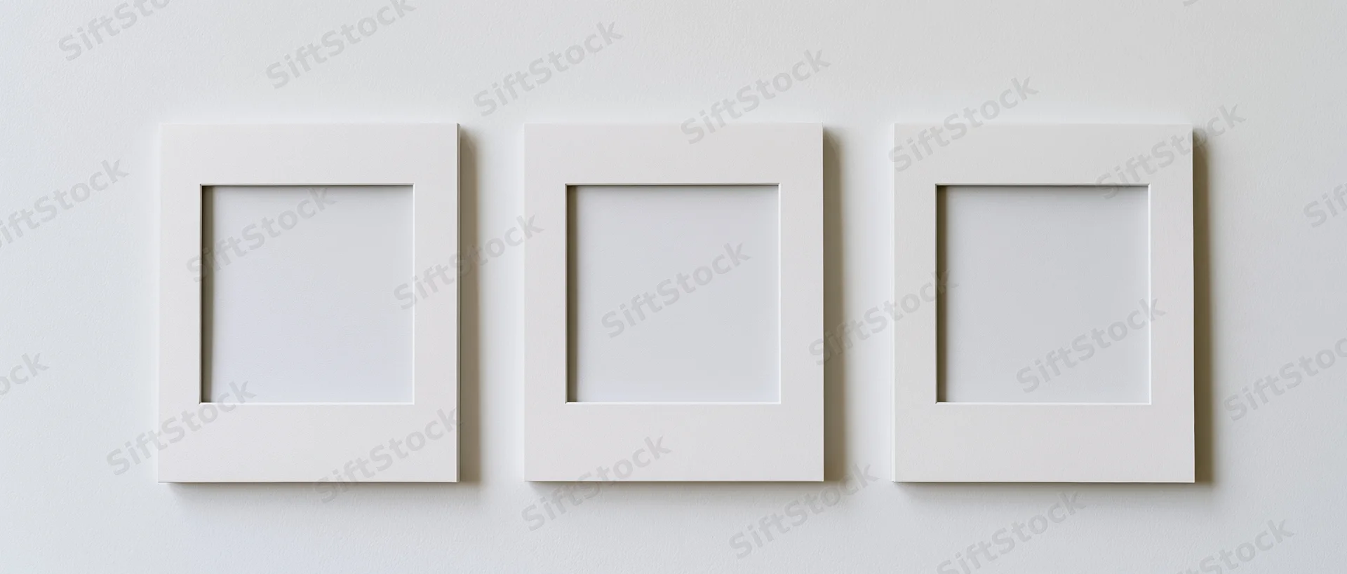 Three white blank photo frames arranged side by side on a plain wall