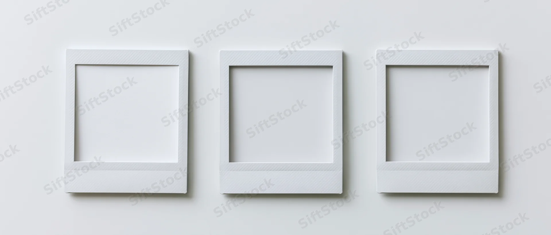 Three blank instant photo prints arranged side by side on a white wall