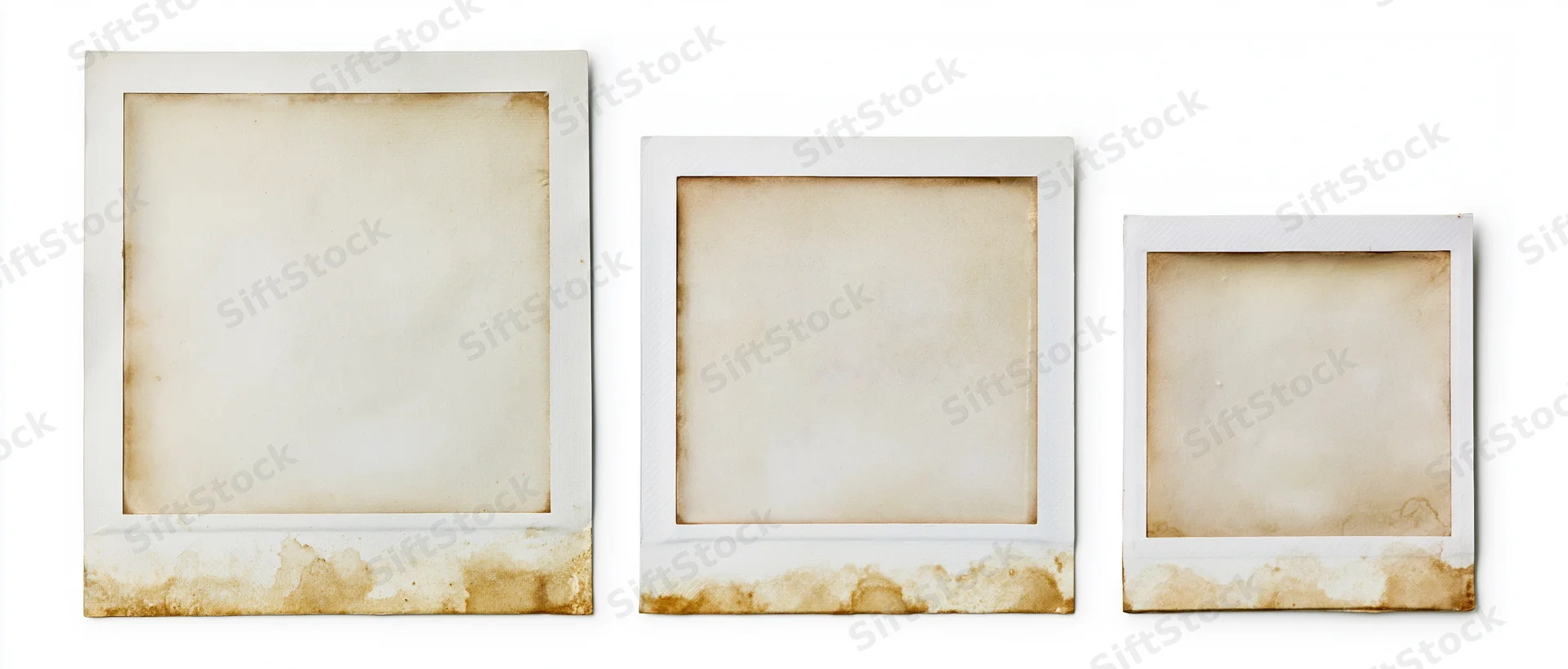 Three blank instant photo frames arranged side by side on white background