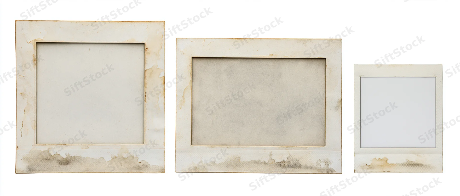 Three blank instant photo frames arranged side by side on white background