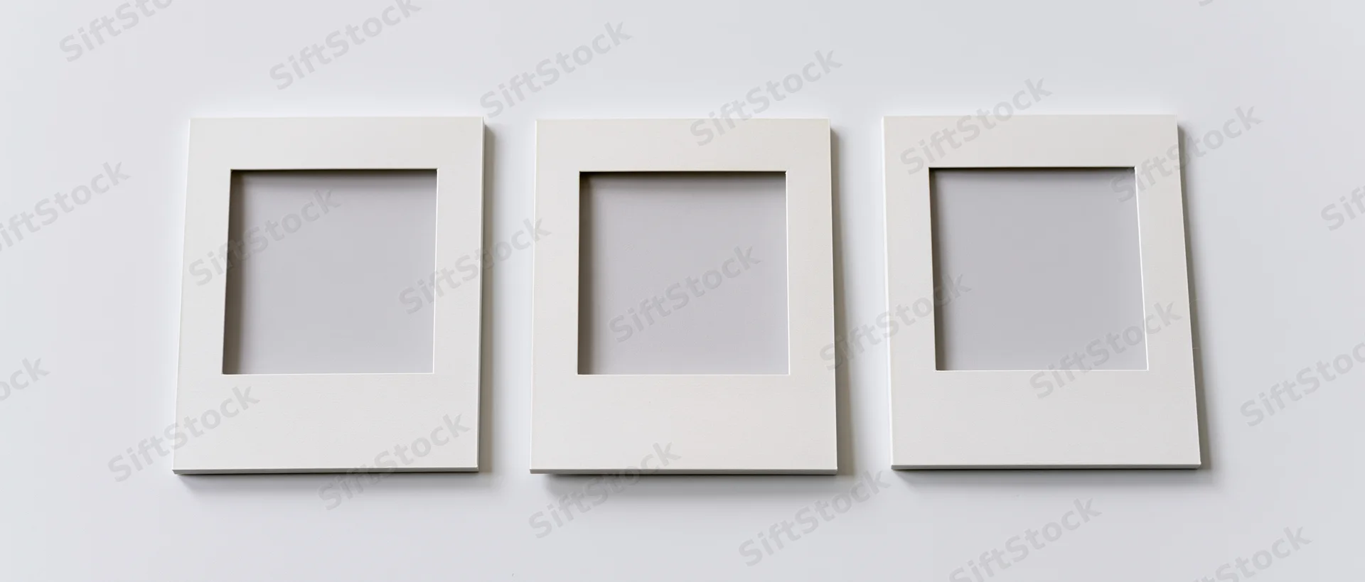 Three white blank instant photo frames arranged side by side on a plain wall