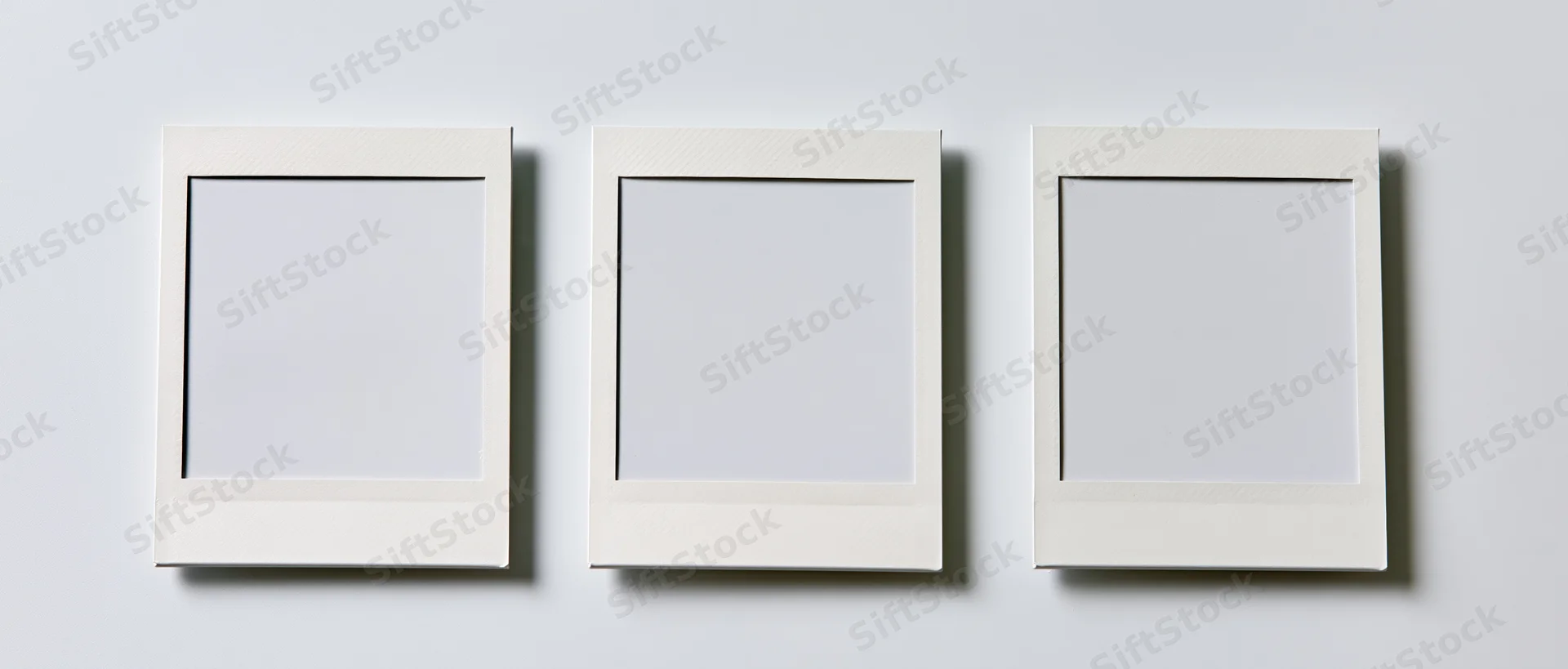 Three blank instant photo prints arranged side by side on a white wall
