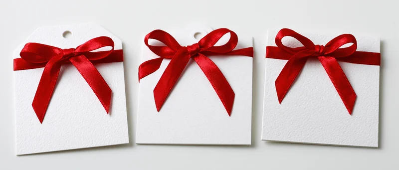 Three white gift tags with red satin bows arranged in a row on a plain background