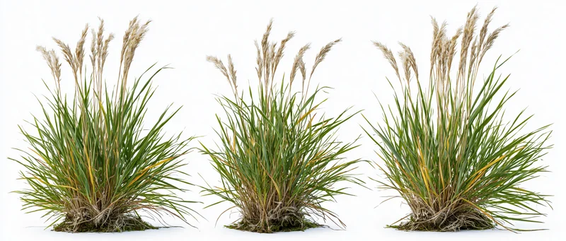 Three clumps of tall wild grass with seed heads on white background