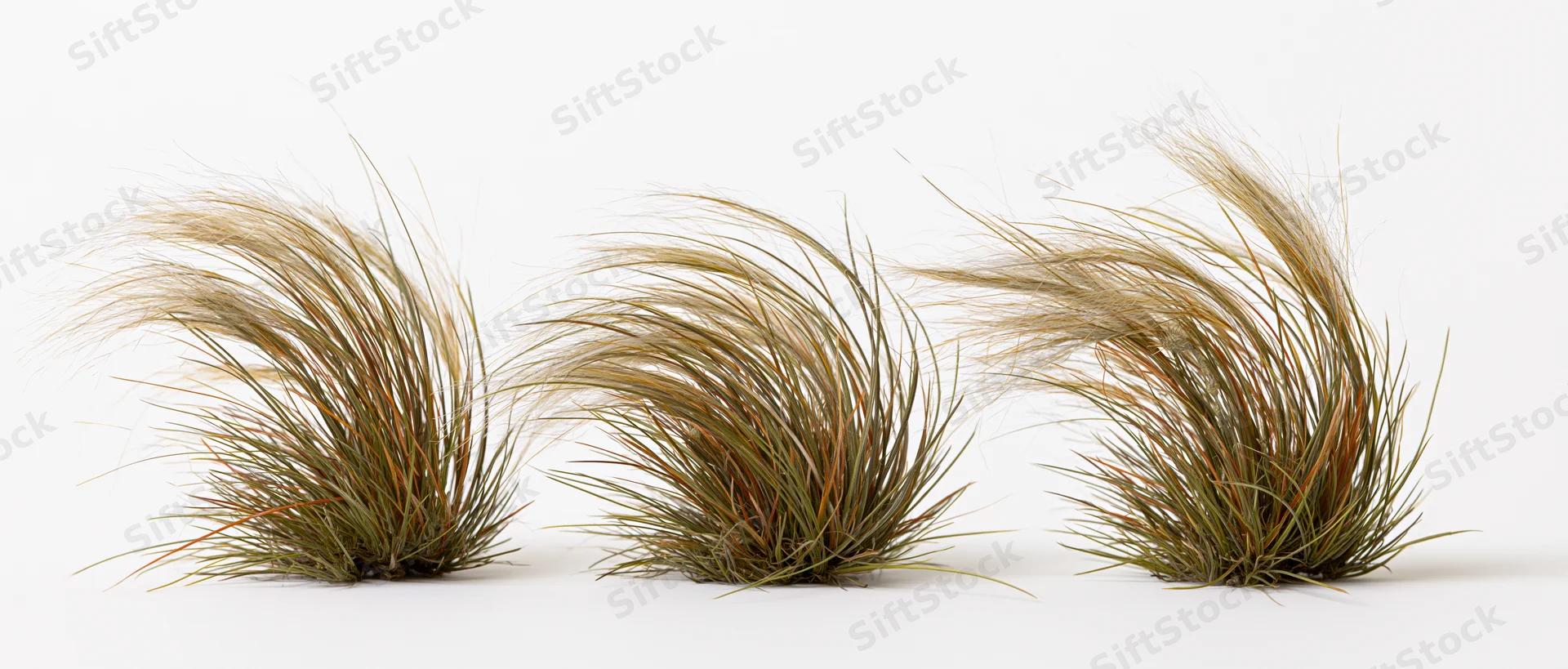 Three clumps of ornamental grass arranged in a row against a white background