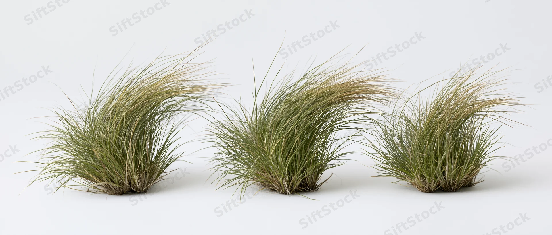 Three clumps of ornamental grass arranged in a row against a white background