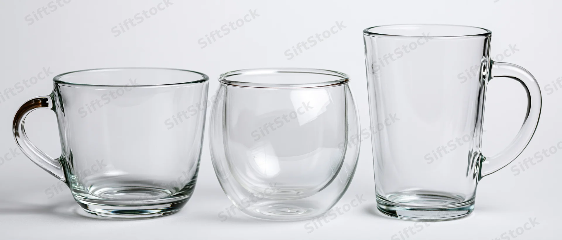 Three empty clear glass mugs arranged in a row on a white surface