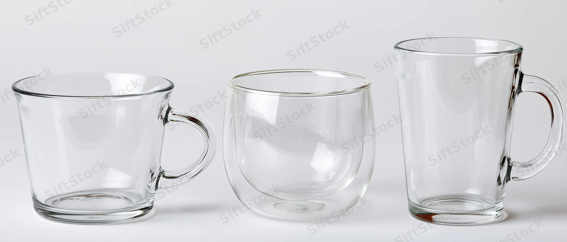 Three empty clear glass mugs arranged in a row on a white surface