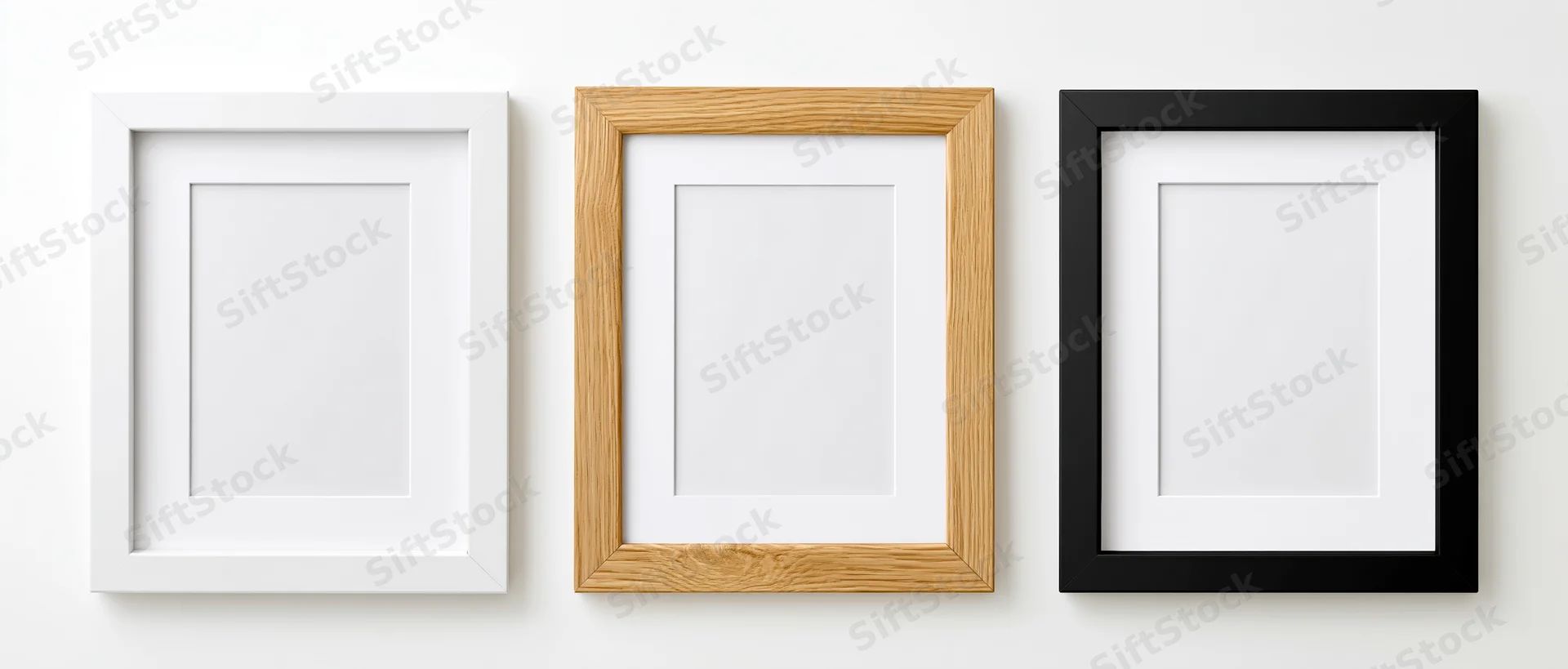 Three empty picture frames with white mats arranged side by side on a white wall