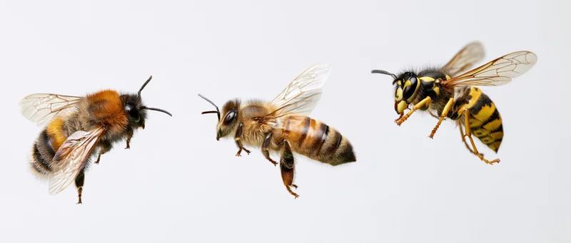 Three flying insects — a bee, a honeybee, and a wasp — isolated on white background