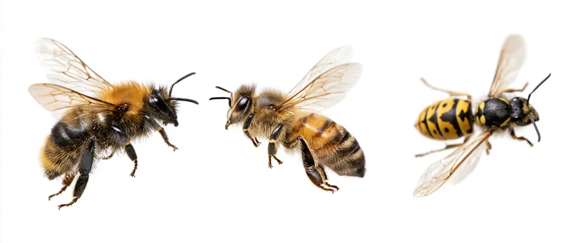 Three flying insects — a bee, a honeybee, and a wasp — isolated on white background