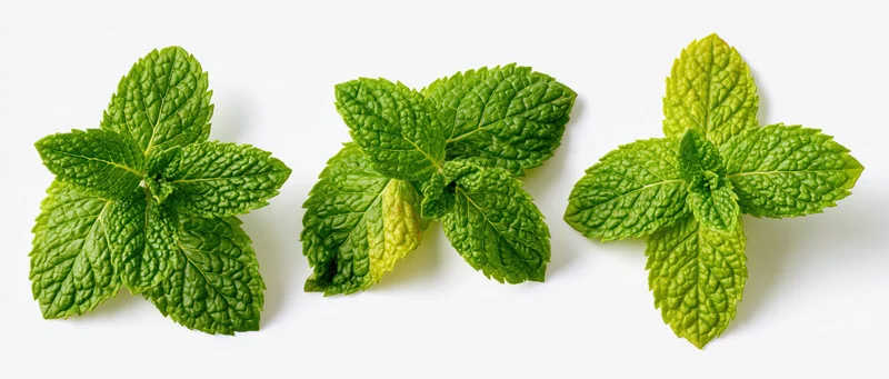 Three fresh mint leaf clusters arranged in a row on a white background
