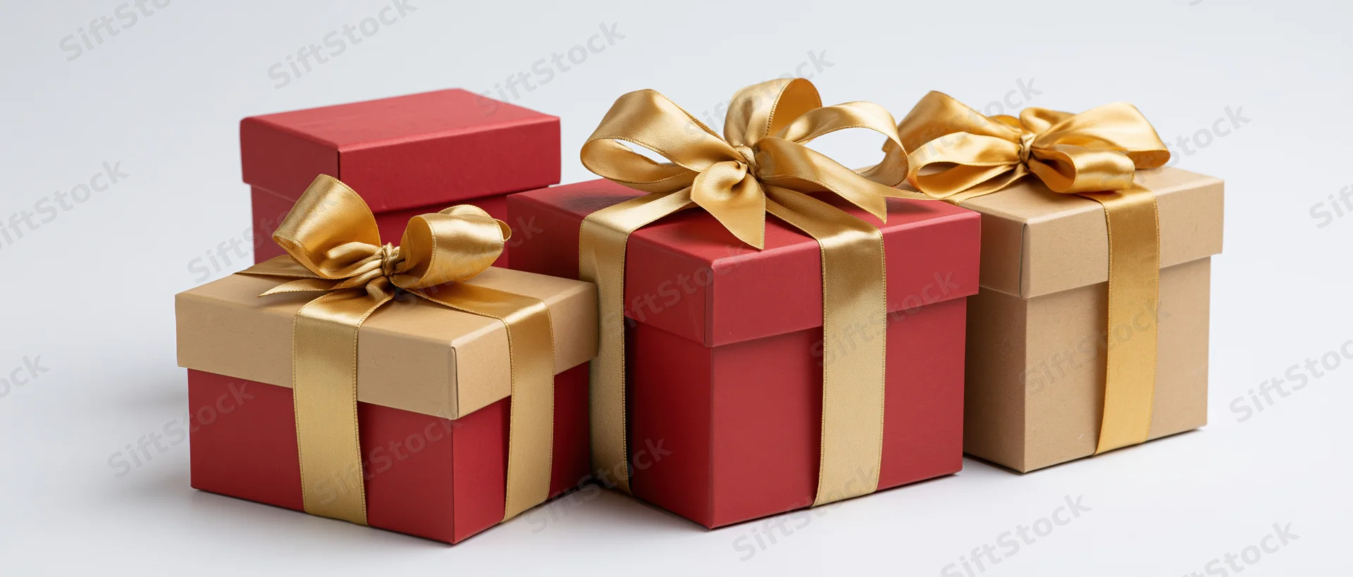 Three gift boxes of varying sizes wrapped in red and gold paper with ribbons and bows on a white background