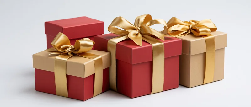 Three gift boxes of varying sizes wrapped in red and gold paper with ribbons and bows on a white background