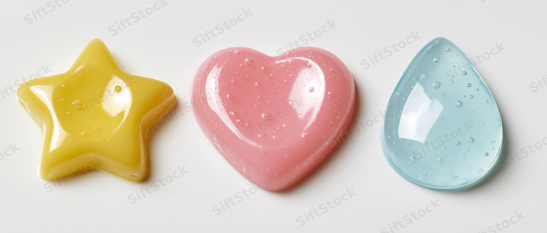 Three glossy gel candies shaped as star, heart and teardrop arranged in a row on a white surface
