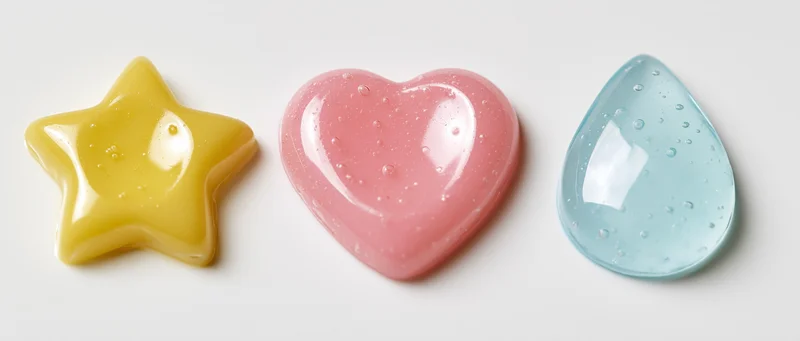 Three glossy gel candies shaped as star, heart and teardrop arranged in a row on a white surface