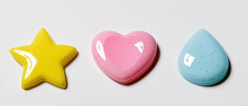 Three glossy gel candies shaped as star, heart and teardrop arranged in a row on a white surface