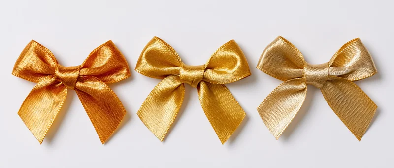 Three gold metallic ribbon bows arranged horizontally on white background