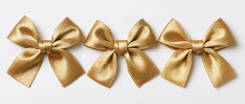 Three gold metallic ribbon bows arranged horizontally on white background