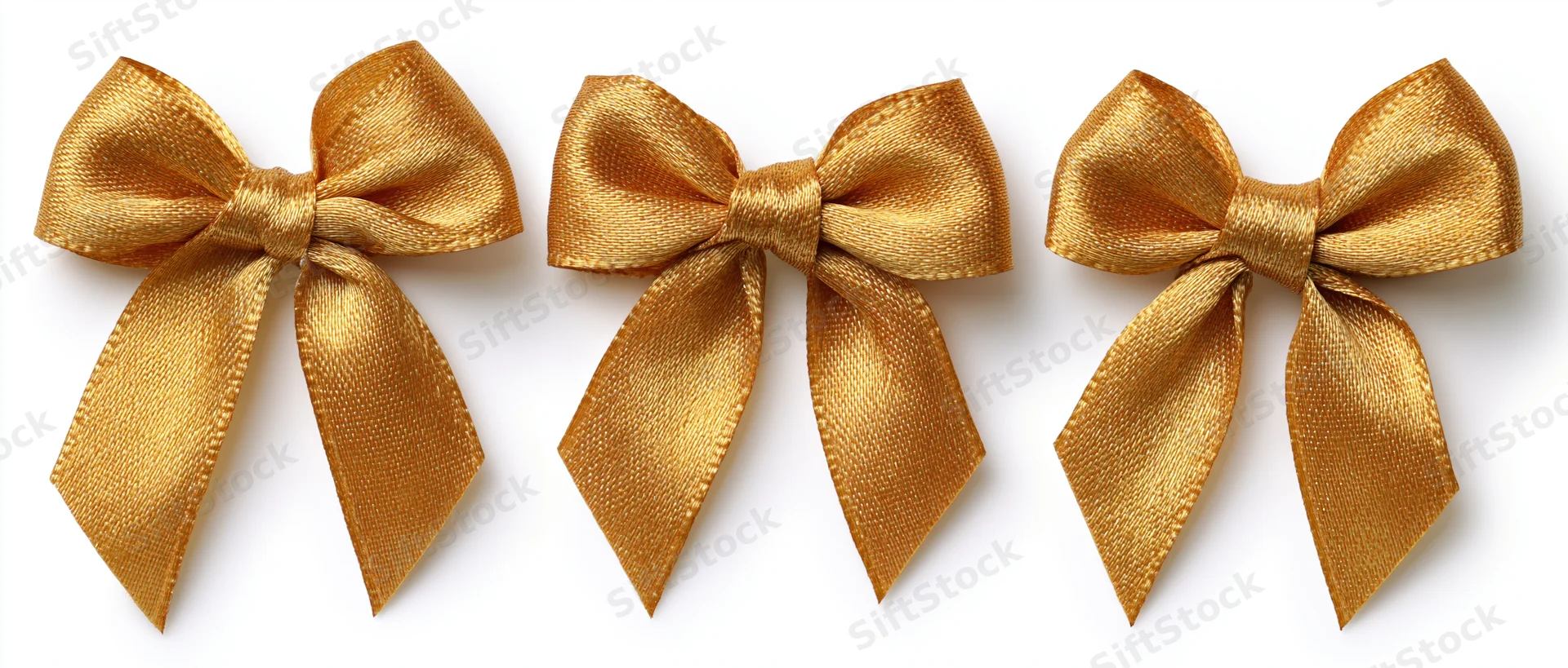 Three gold metallic ribbon bows arranged horizontally on white background