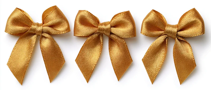 Three gold metallic ribbon bows arranged horizontally on white background