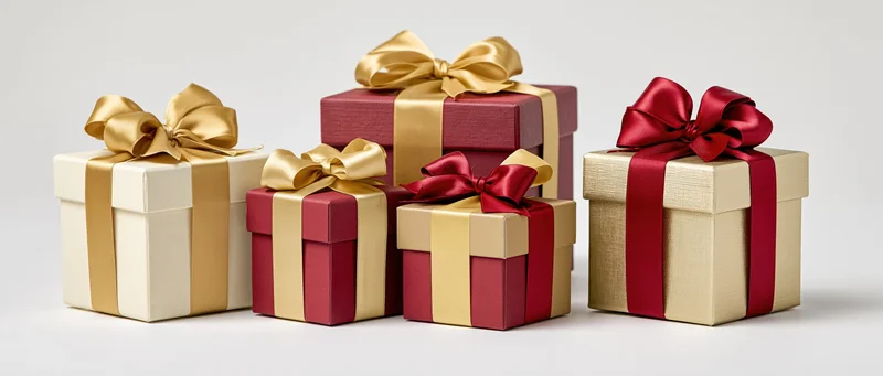 Several wrapped gift boxes with red and gold ribbons arranged in a group on a white surface