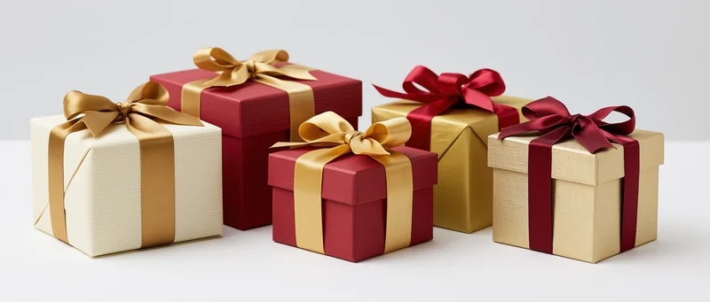 Five wrapped gift boxes in red, gold and cream with ribbons arranged in a row on a white surface