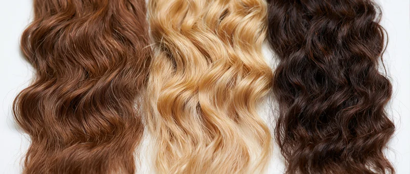Three wavy hair extension samples arranged side by side on white background