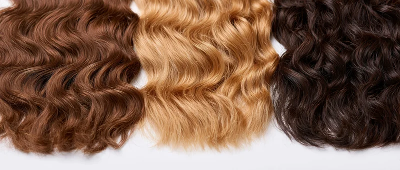 Three wavy hair extension samples in brown, blonde and black arranged side by side on white background