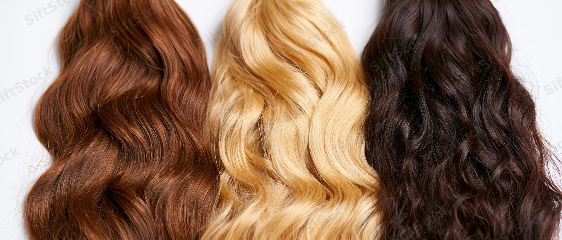 Three wavy hair extension samples in brown, blonde and black arranged side by side against a white background