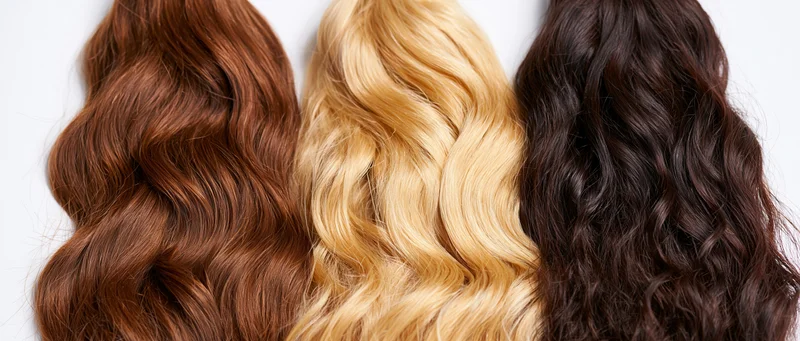 Three wavy hair extension samples in brown, blonde and black arranged side by side against a white background