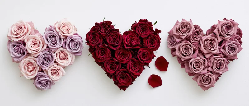 Three heart-shaped rose arrangements in pink, red and purple on white background