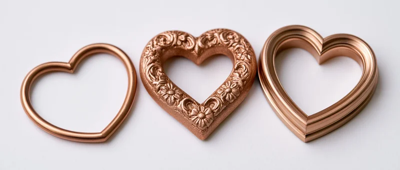 Three heart-shaped decorative frames arranged side by side on a white surface