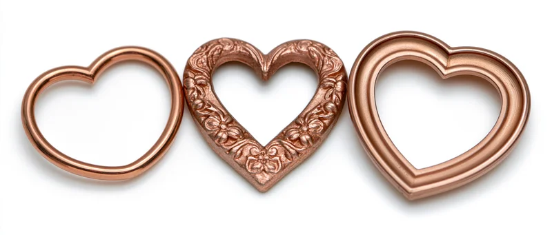 Three heart-shaped copper decorative frames arranged side by side on white background
