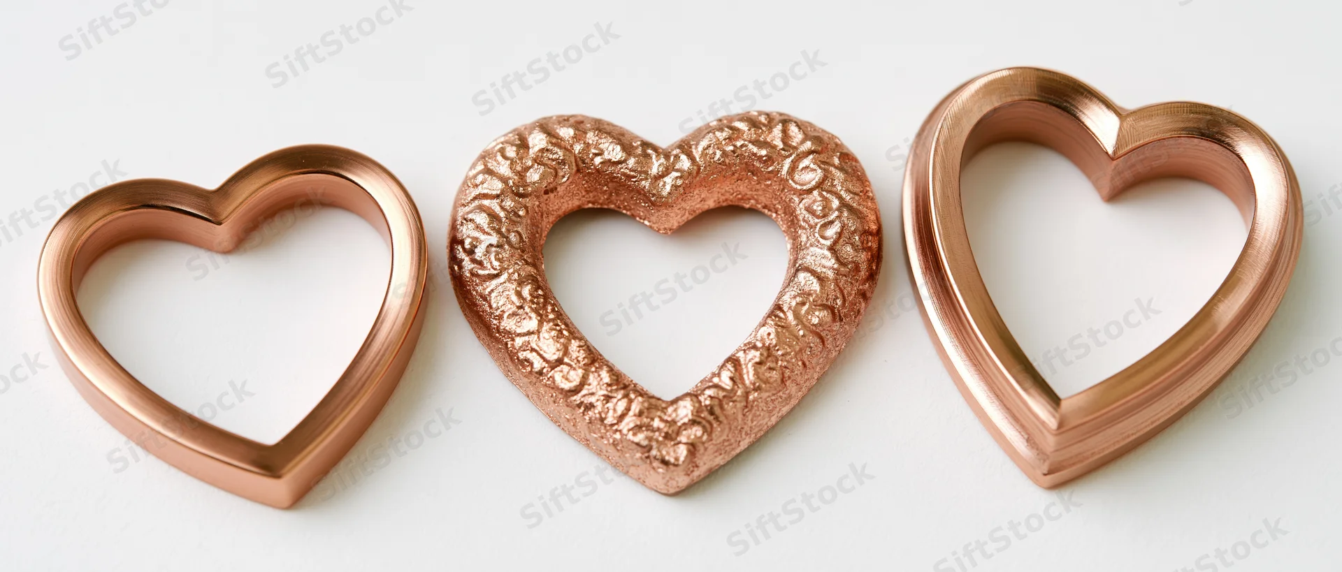 Three heart-shaped copper decorative frames arranged side by side on white surface