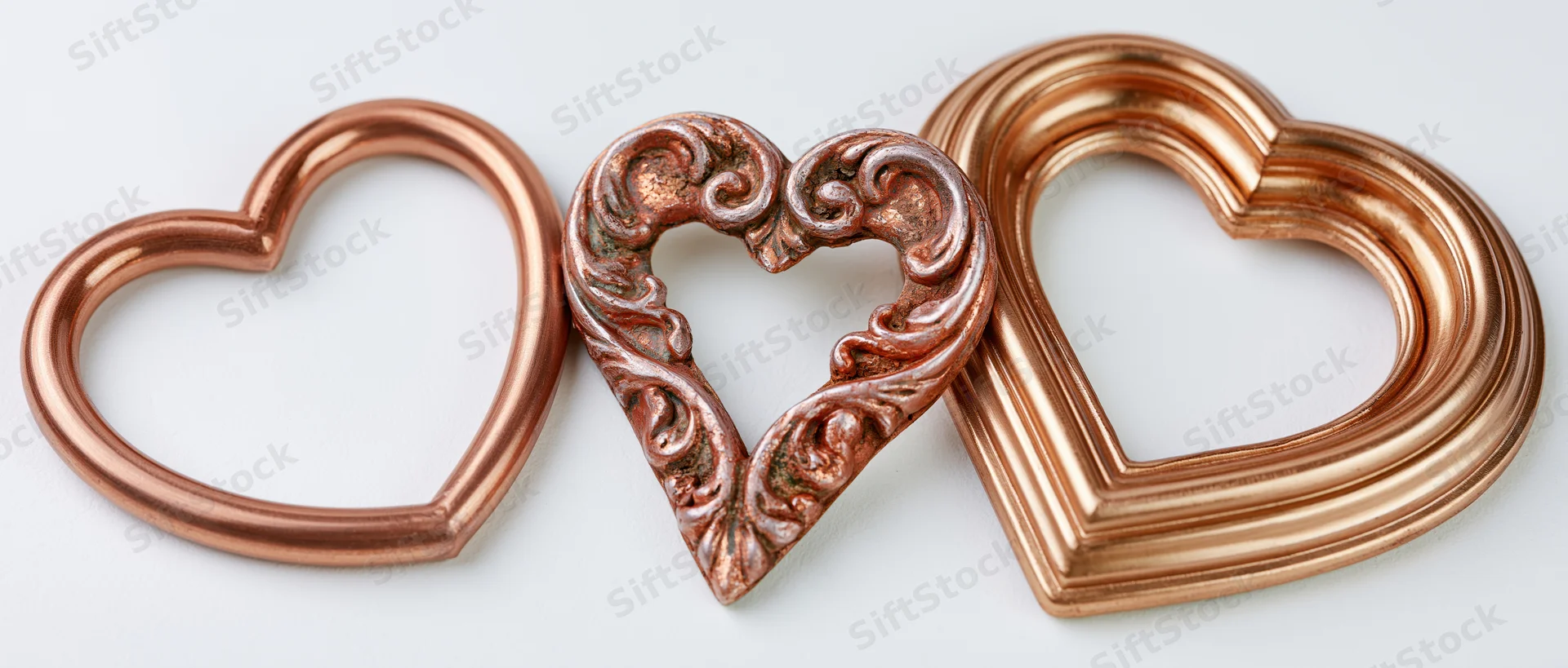 Three copper heart-shaped decorative frames arranged side by side on white background