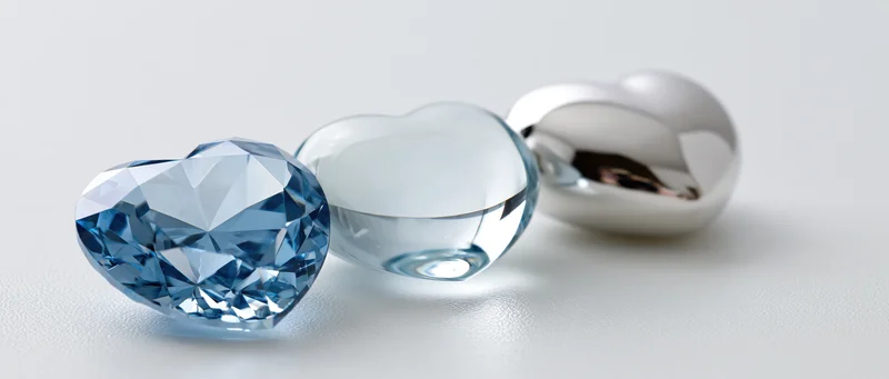 Three heart-shaped gemstones and metal objects arranged in a row on a white surface