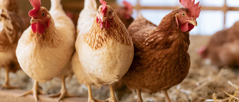 Three hens perched on a wooden ledge inside a chicken coop