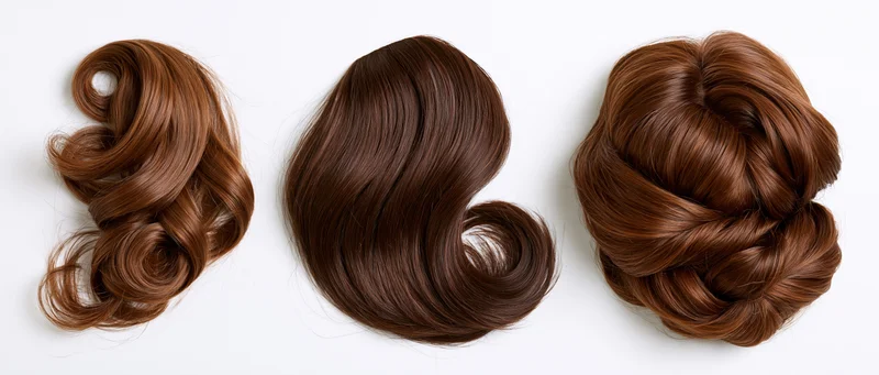Three brown hair curl samples arranged side by side on white background