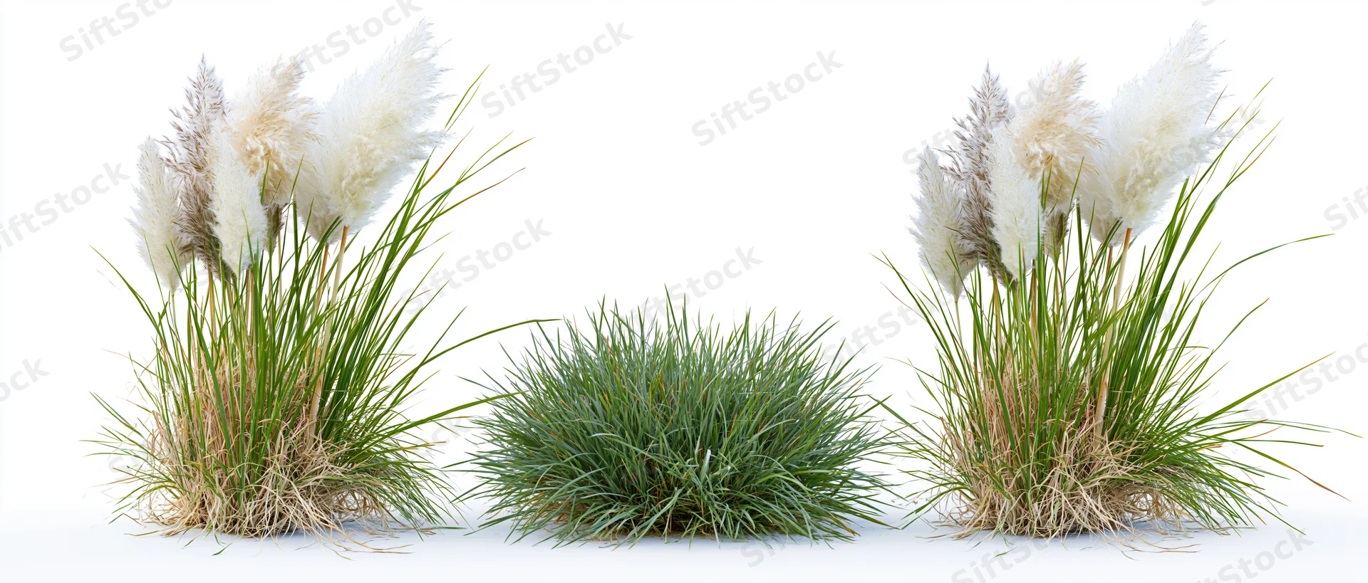 Three ornamental grass clumps arranged side by side on white background