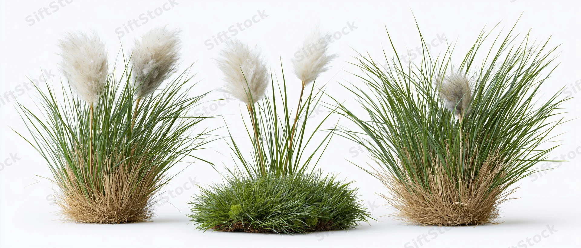Three ornamental grass clumps arranged side by side on white background