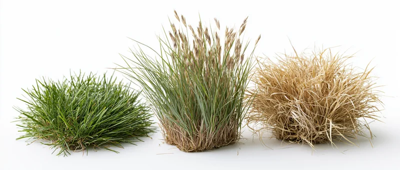 Three wild grass clumps in different growth stages arranged side by side on white background