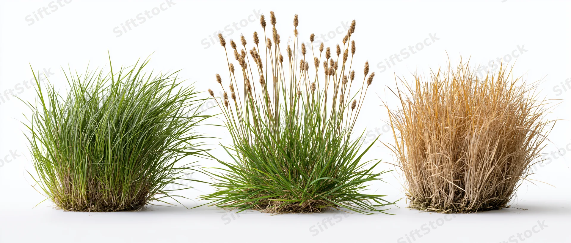 Three wild grass clumps in different growth stages arranged side by side on white background
